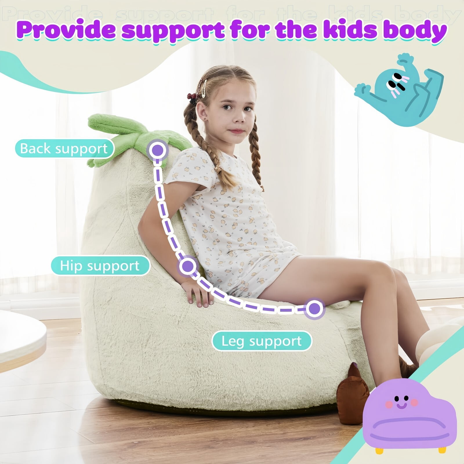 Kelno 31" Kids Bean Bag Chair Faux Rabbit Fur Lazy Chair Toddler Couch, Beige