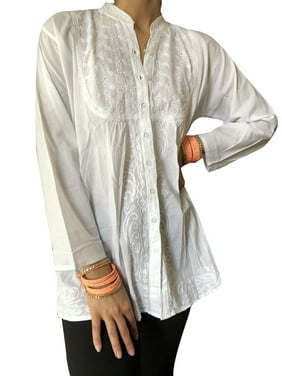 Mogul Women White Shirt, Cotton Casual Embroidered Handmade Button Front Blouse M