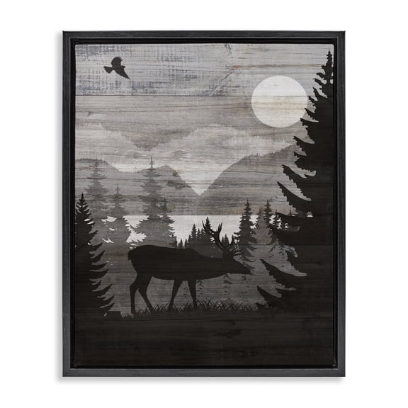 Stupell Industries Rustic Moose at Night Landscape & Nature Painting Black Floater Framed Canvas Art Print Wall Art, 17 x 21