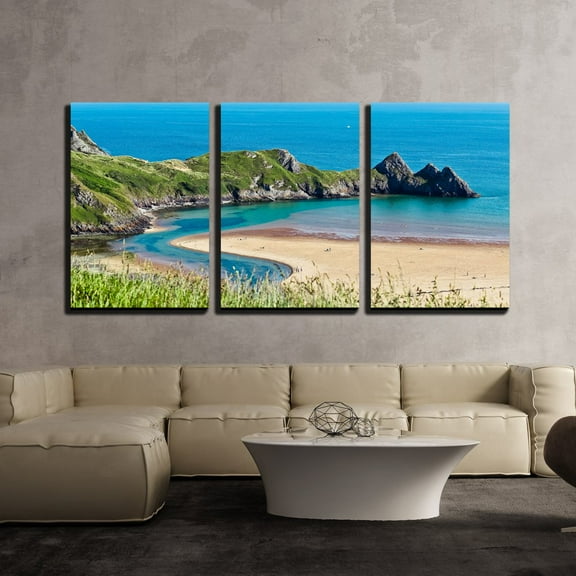 wall26 - 3 Piece Canvas Wall Art - Landscape of Mountains and Blue Bay - Modern Home Art Stretched and Framed Ready to Hang - 16"x24"x3 Panels