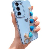 Samsung Galaxy S21 5g Phone Case with Heart Bracelet Chain Strap Luxury Plating Cute Love Hearts Cover with Aesthetic Hearts Hand Chain for Women Camera Protection Shockproof Bumper (Blue)