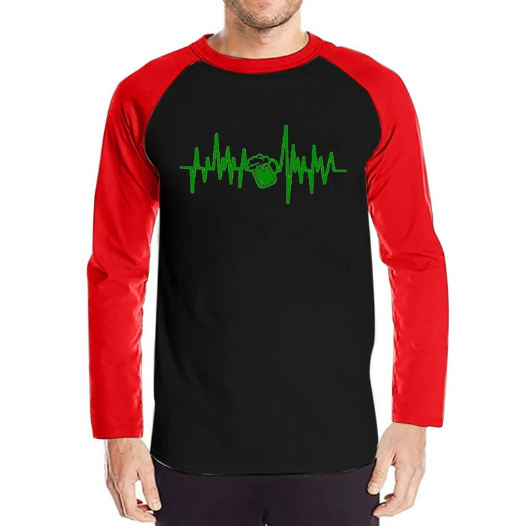 JWZUY Mens St. Patrick's Day Pullover Crewneck Long Sleeve Holiday Classic  Heart Beat Print Raglan Sleeve Casual Blouse Wine XL 