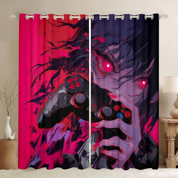 Castle Fairy Anime Black Out Curtains,Black Red Gamepads Curtains Pack of 2 (42x63 Each)