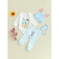 thumbnail image 4 of Elippeo Baby Girls Easter Infant Baby Girls Boys Pants Sets 3M 6M 12M 18M Long Sleeve Letter Bunny Print Romper Tops Striped Pants Hat Set, 4 of 10