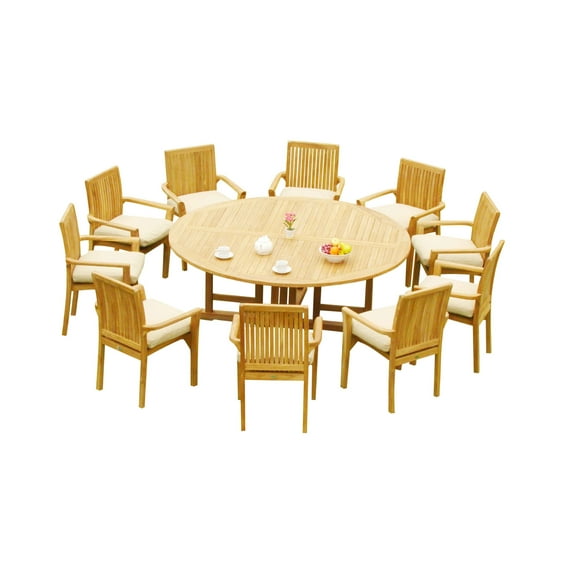 Grade-A Teak Dining Set: 10 Seater 11 Pc: 72" Round Table And 10 Lua Stacking Arm Chairs Outdoor Patio WholesaleTeak #51LU1711