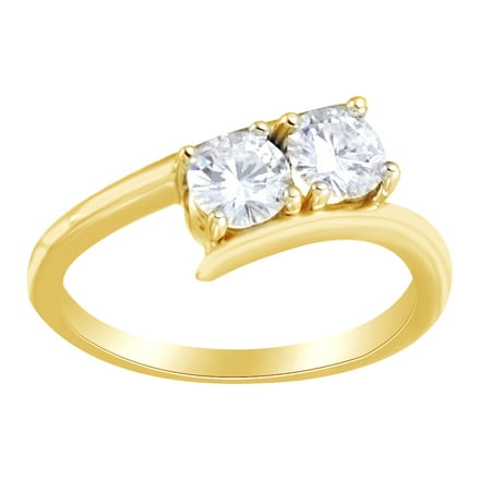 Two Stone Bypass Ring Round Cut Simulated White Moissanite Two Stone Bypass Ring In 14K Solid Yellow Gold, Ring Size-4 ()