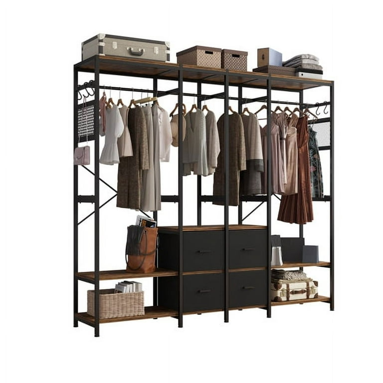 DlandHome Free-Standing Garment Clothing Racks, Home Metal Clothing Rack with 4-Tier Storage Shelves and Hanging Rod Closet Storage Organizer