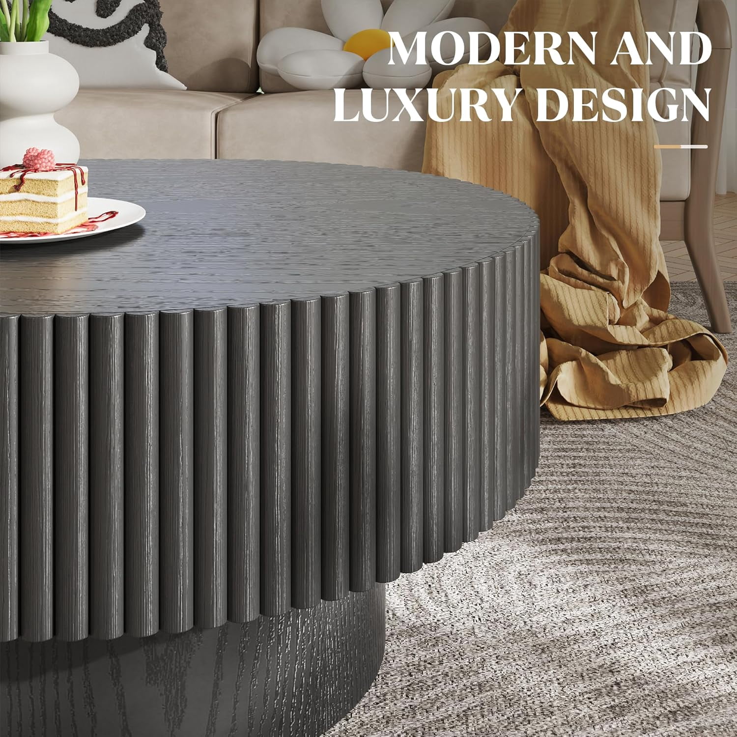 Gelloan 43.7" Olive Shape Wood Coffee Table, Modern Fluted Coffee Table for Living Room, Veneer Handcrafted Relief Tea Table with Sturdy Pedestal,Black