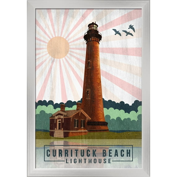 Outer Banks, North Carolina - Currituck Beach Lighthouse - Geometric Opacity - Lantern Press Artwork (16x24 Giclee Art Print, Gallery Framed, Silver Wood)
