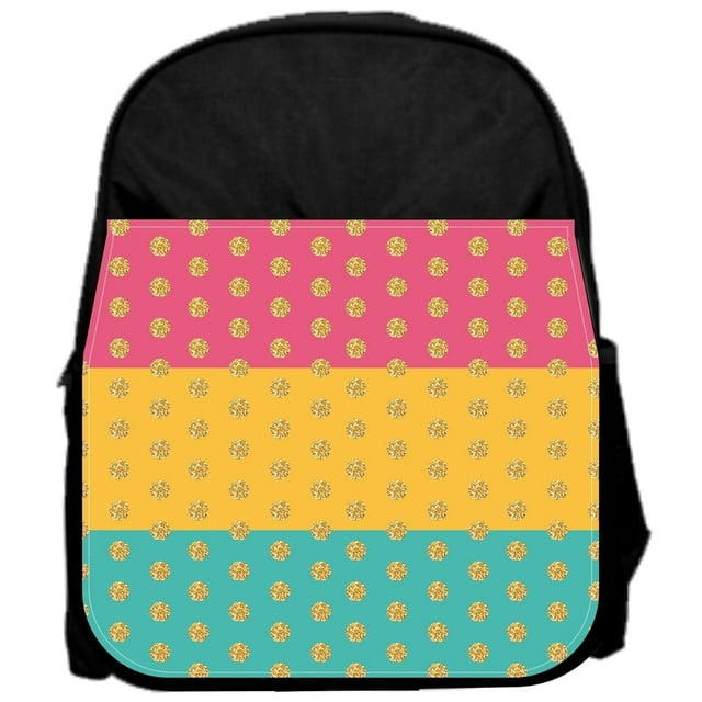 Gold Faux Glitter Polka Dots on Colorblocked Stripes Print Design 13" x 10" Black Preschool Toddler Children's Backpack & Pencil Case Set