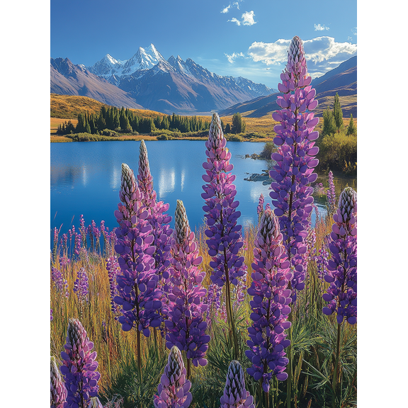 Purple Lupine Mountain Lake Canvas Art Print,Suitable for Living Room, Office,and Hallway Decoration.
