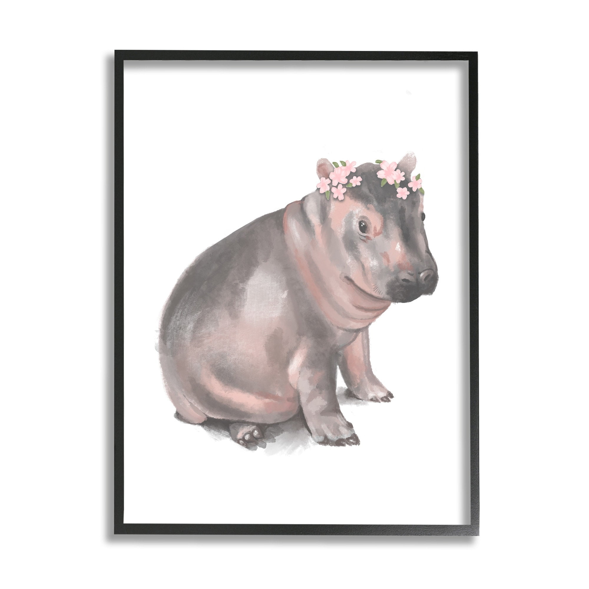 Stupell Industries Floral Crown Baby Hippo Soft Animal Illustration Black Framed, 24 x 30, Design by Daphne Polselli