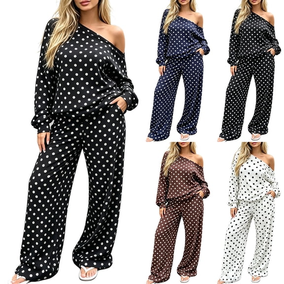 Tqyyweavej Polka Dot Two Piece Sets for Women Cold Shoulder Long Sleeve Tops and Wide Leg Pants with Pockets, Spring Travel Vacation Outfits 2026