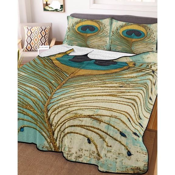 Teal Peacock Feathers Full Size Down Alternative Comforter, Lightweight Comforter Quilt Bedding Set with Pillow Shams Retro Abstract Art Watercolor All Seasons Bed Comforter Duvet Insert 78"x90"
