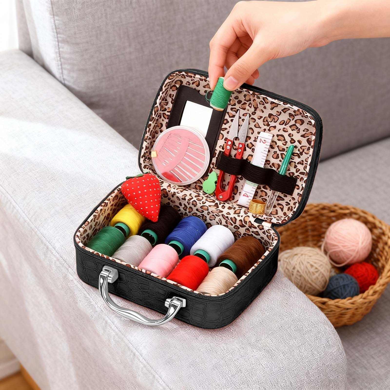 Eqslft Portable Sewing Kit in Leather Case, Sewing Kit,Knitting Complete DIY Needlework For Handmade Crafting Projects,Beginners and Professionals