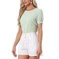 thumbnail image 4 of INSPIRE CHIC Inspired Women's Vintage Gingham Tops Puff Short Sleeve Crew Neck Casual Shirt Blouse M Light Green, 4 of 6