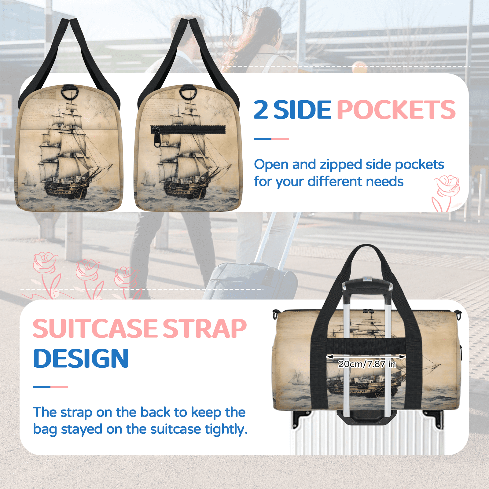 Herdesigns Nautical Ocean Pirate Ship Gym Bag for Women, Duffle Bag for Travel Sport, Lightweight Waterproof Carry on Weekender Overnight Dance Yoga Workout Bags