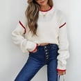 thumbnail image 6 of Women's Fashion Color Blocked Round Neck Long Sleeved Knitted Sweater Pullover Sweater Top for Fall Winter Stylish Casual Outfits,White,M, 6 of 7