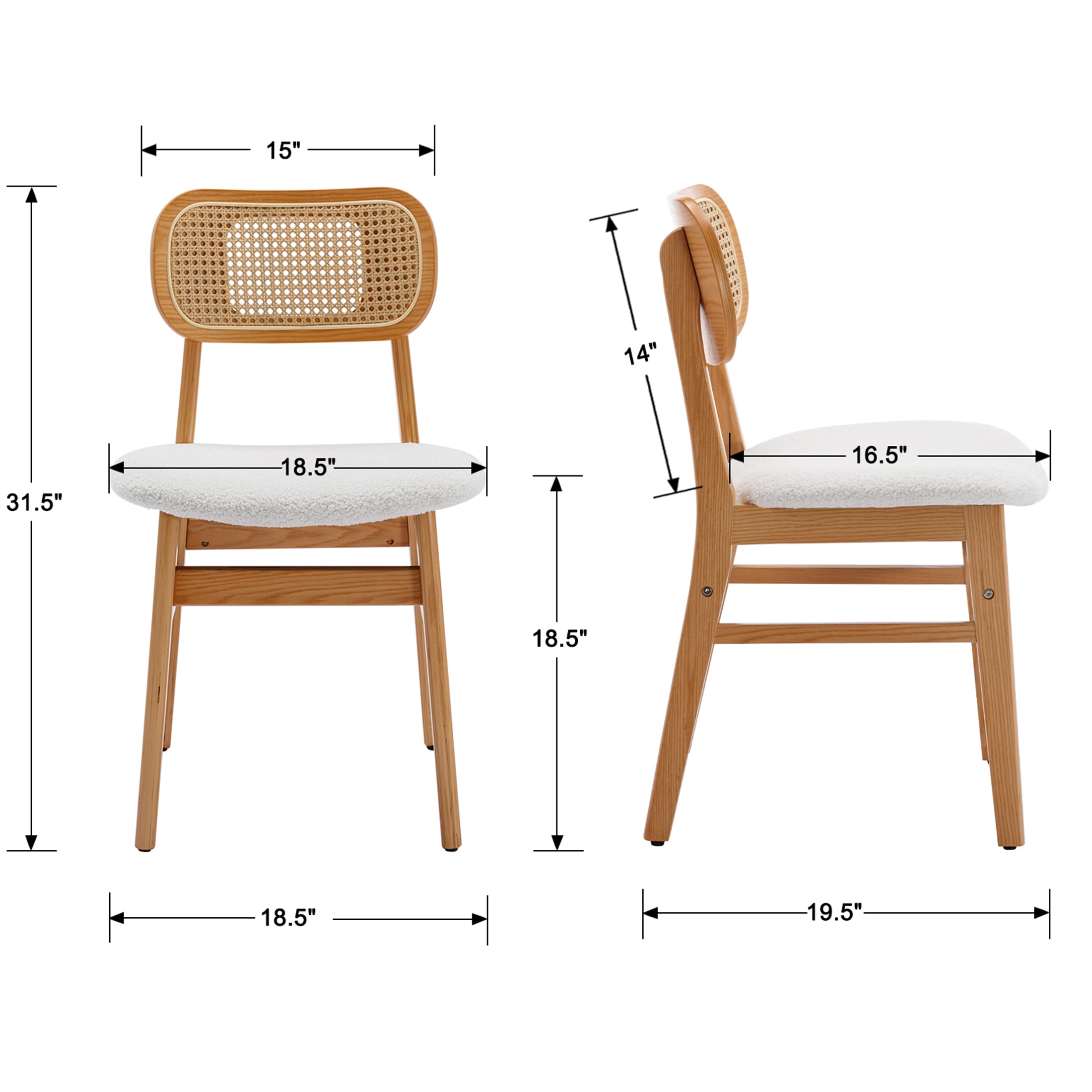 Guyou Rattan Dining Chairs Set of 4, Farmhouse Natural Wooden Dining Side Chairs, Mid Century Modern Sherpa Upholstered Kitchen Chairs with Cane Back for Dining Room Kitchen Living Room, Beige