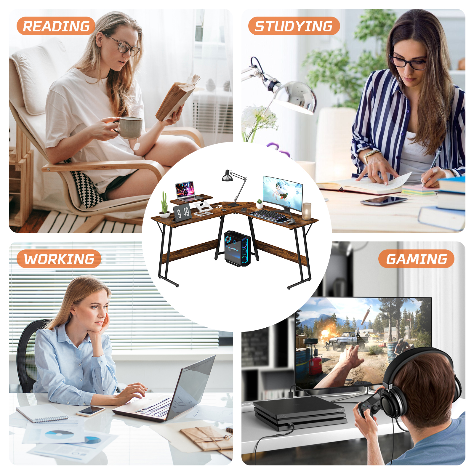 Dkelincs L Shaped Gaming Desk, 50.4" Corner Computer Desk PC Game Table with Monitor Stand Large Desktop for Home Office Study Writing Workstation, Brown