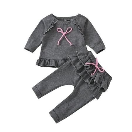 

Sales Honeeladyy 2PCS Fall Winter Toddler Kids Baby Girls Long Sleeve Solid Bowknot Tops Ruffles Pants Outfits Set Back to School