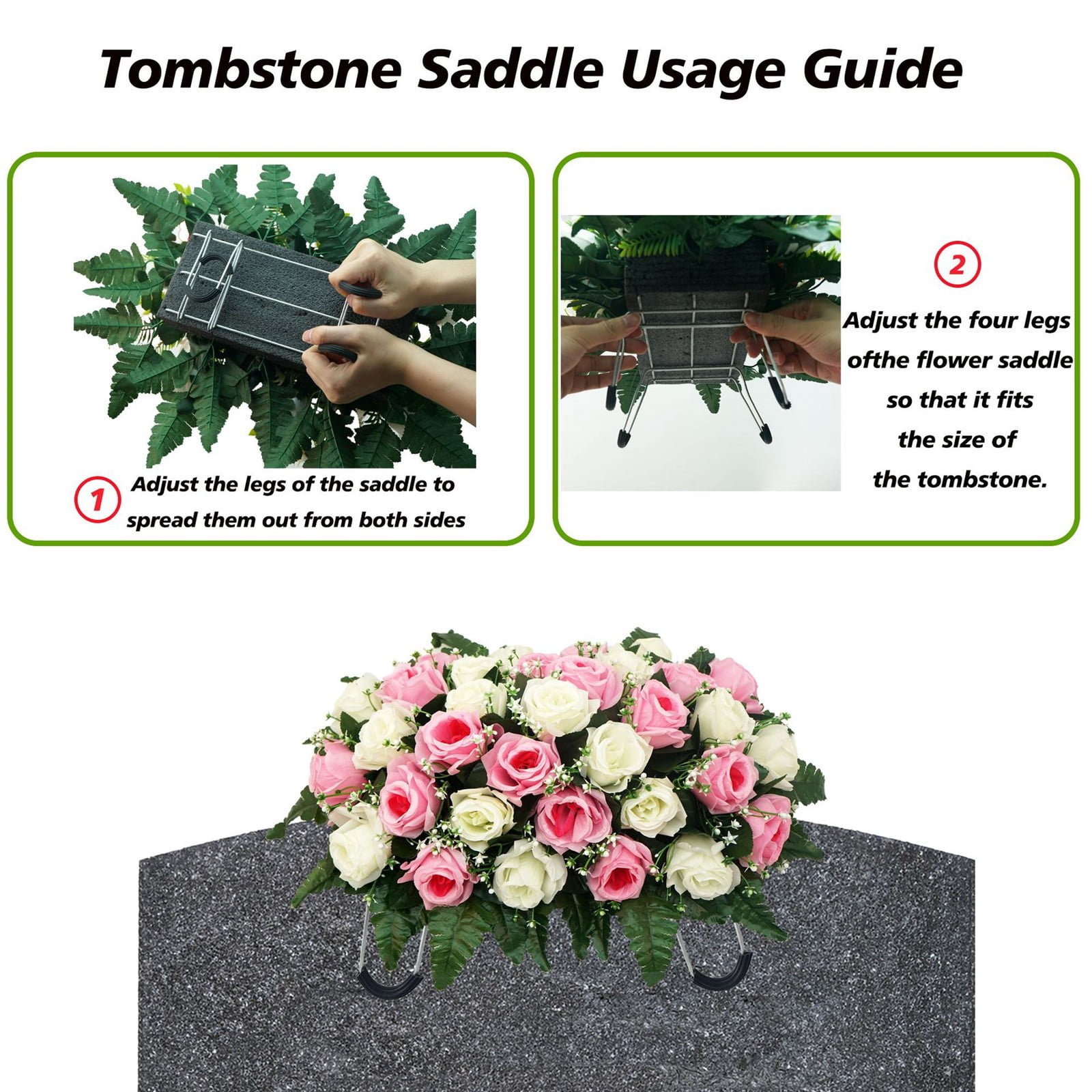 Headstone Flower Saddle, Artificial Cemetery Flowers for Grave, Artificial Rose Cemetery Memorial Flowers, Fade-Resistant UV Protected Headstone Saddle, 19.7*11.8 inch