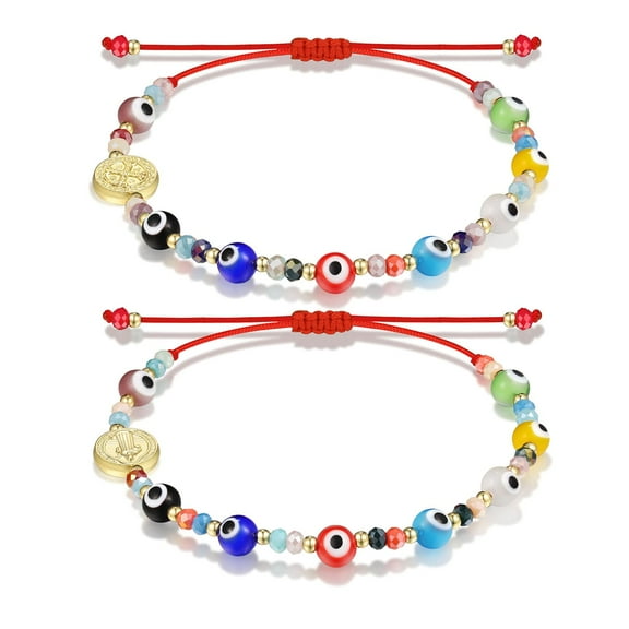 Handmade Evil Eye Beads Bracelet with San Benito Charm Ojo Kabbalah Protection Bracelet for Women Men Best Friends 2pcs Red
