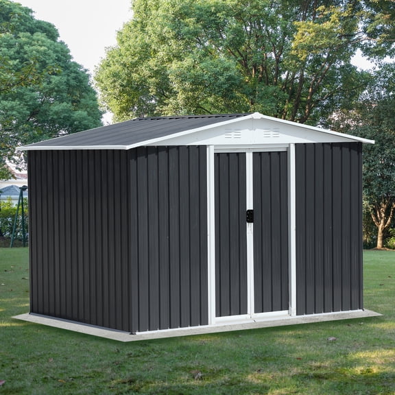8x6 FT Outdoor Storage Shed, Tool Shed with Apex Roof and Lockable Sliding Door, Aluminum Metal Shed Storage House for Backyard Garden Patio Lawn
