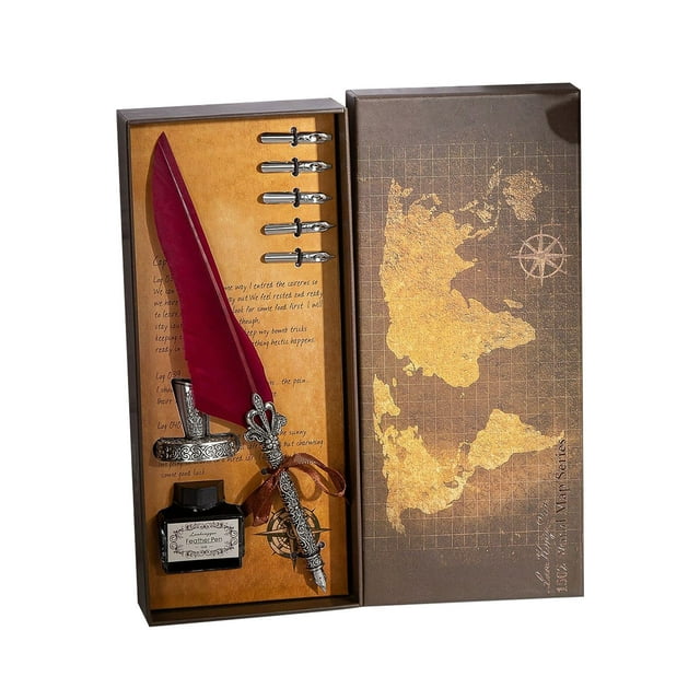 Set de caligrafía de pluma antigua con 5 plumillas y tinta de 15 ml - Pluma de pluma con purpurina dorada para escribir, dibujar, regalos de boda, decoración del hogar