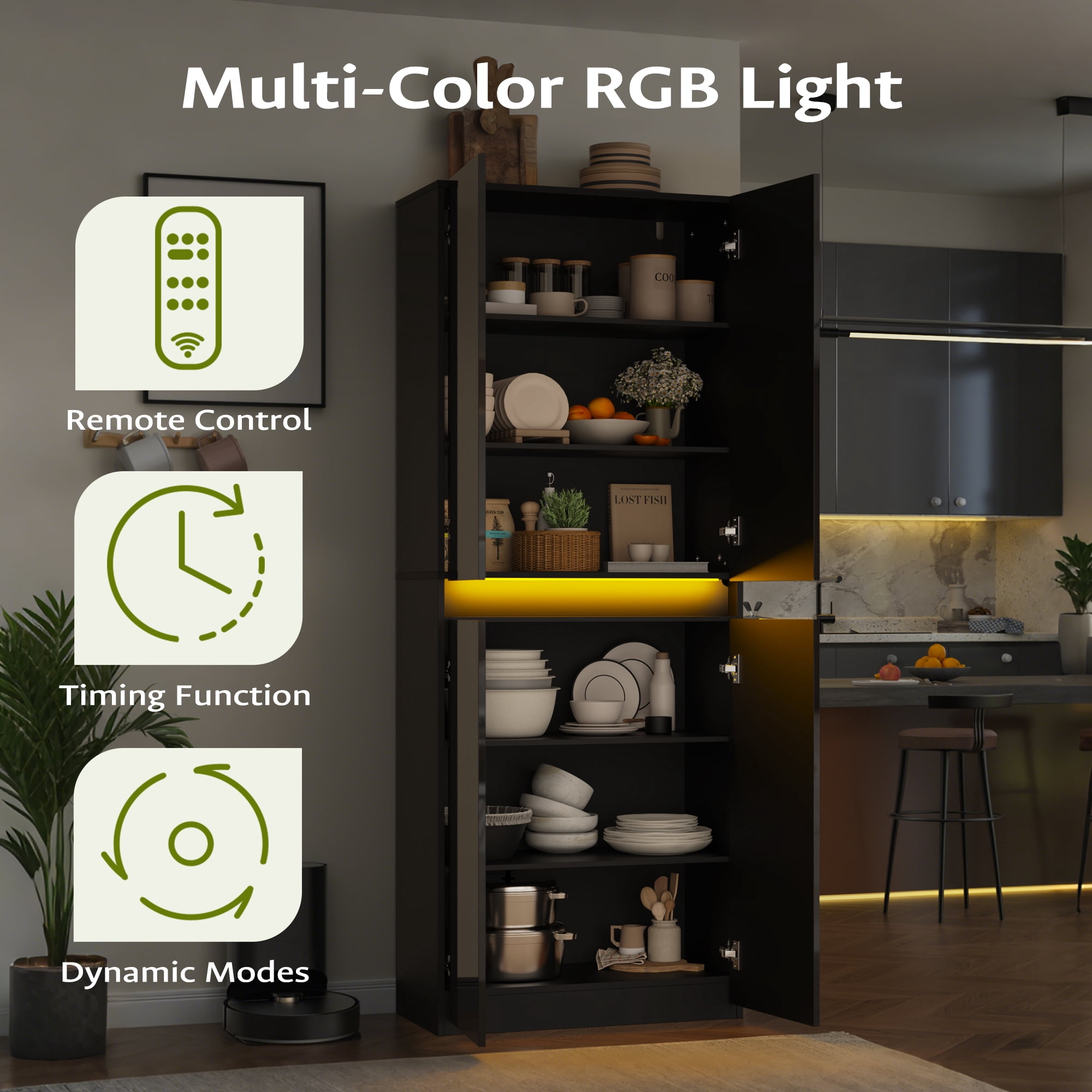 71" Tall Kitchen Pantry, Pantry Storage Cabinet with High Gloss Doors, Modern Buffet Hutch Cabinet with Led Light and Adjustable Shelves for Dining Room, Living Room, Black