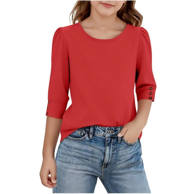 Floleo T-Shirts à Manches 3/4 Unis pour Filles Printemps Automne Col Rond Basique à Volants Blouse Décontractée pour Enfants 5-15 Ans (Rouge, 12 Ans)