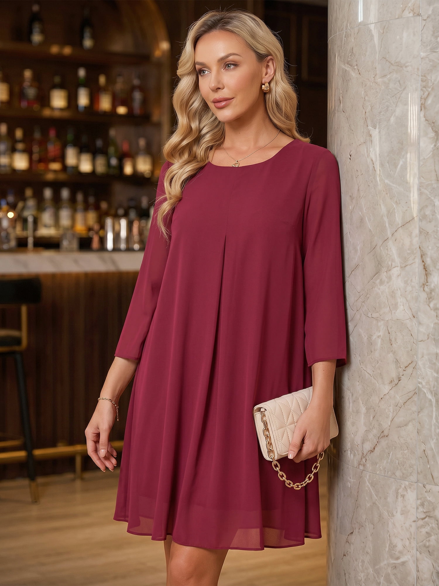 DARING DIVA Women's Chiffon 3/4 Sleeve Flowy Wedding Guest Dress M Wine Red