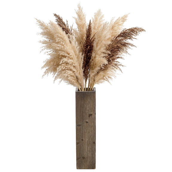 Hanobe Rustic Wood Floor Vase - 21 Inch Tall Decorative Square Planter for Pampas Grass, Artificial Flowers & Home Decor - Distressed Dark Brown Finish