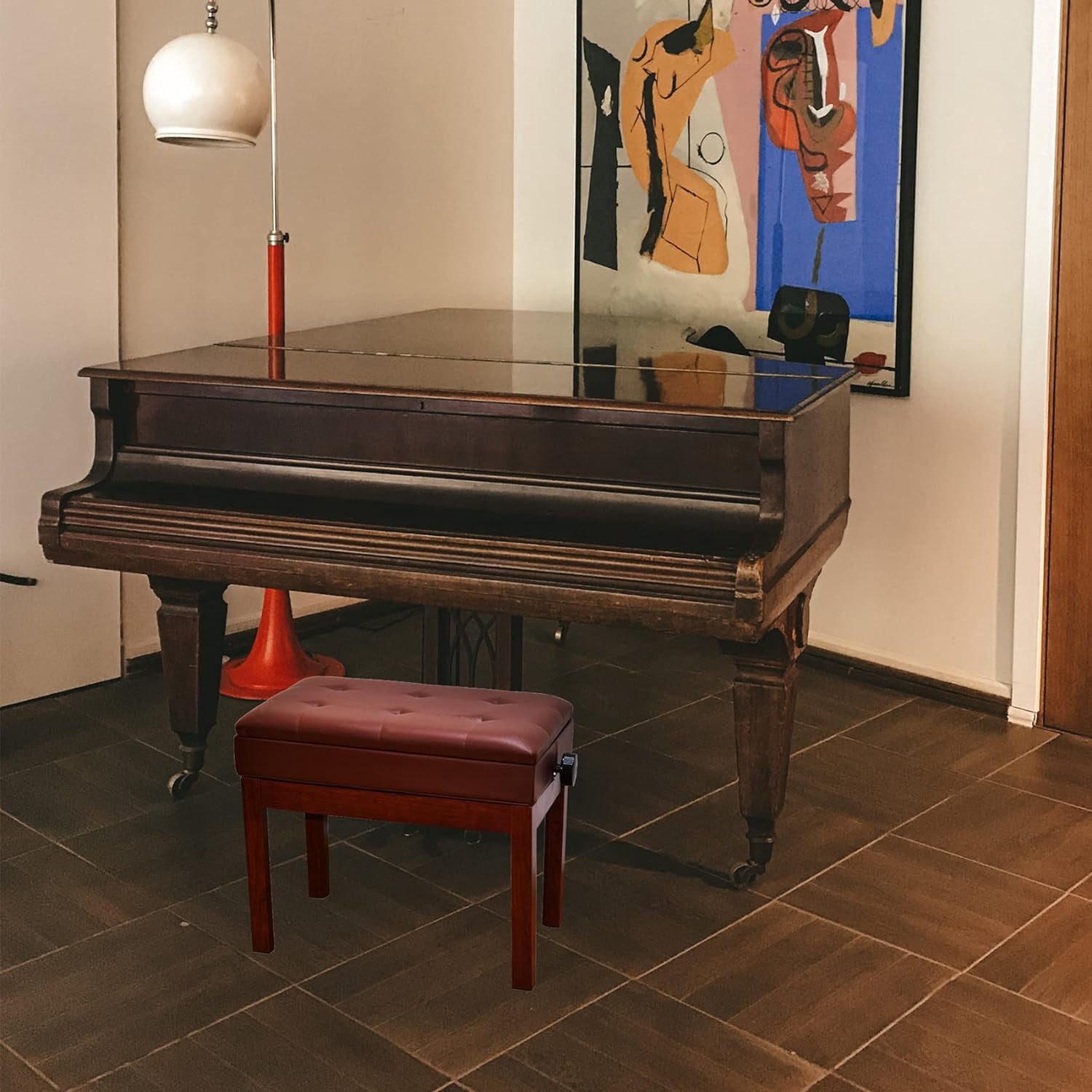 Piano Bench Adjustable with Storage, Brown Piano Bench Cushions Leather & Solid Wood,Music Bench, Piano Stool