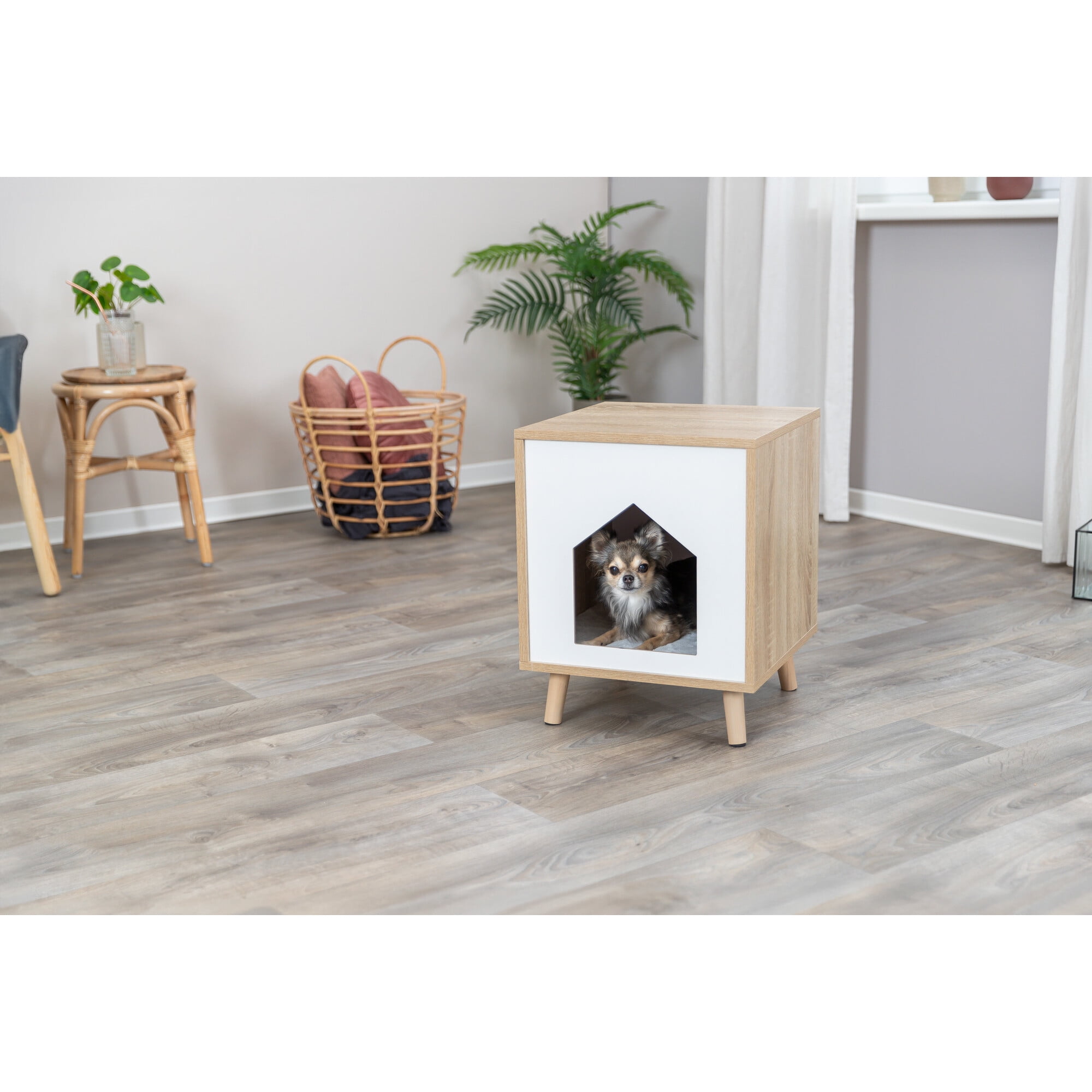 TRIXIE Isa Indoor Wooden Cat Condo, Modern Cat Bed Side Table with Cozy Cushion, Brown/White