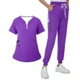 thumbnail image 2 of Minjewel Women's V-Neck Zipper Short Sleeve Scrubs for Women Set with Pockets, Easy Wear & Comfortable Scrub Set for Healthcare Professionals,Purple 2XL, 2 of 8