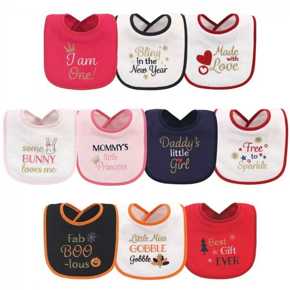 Hudson Baby Infant Girl Cotton Terry Drooler Bibs with Fiber Filling 10pk, Holiday Girl I Am One, One Size