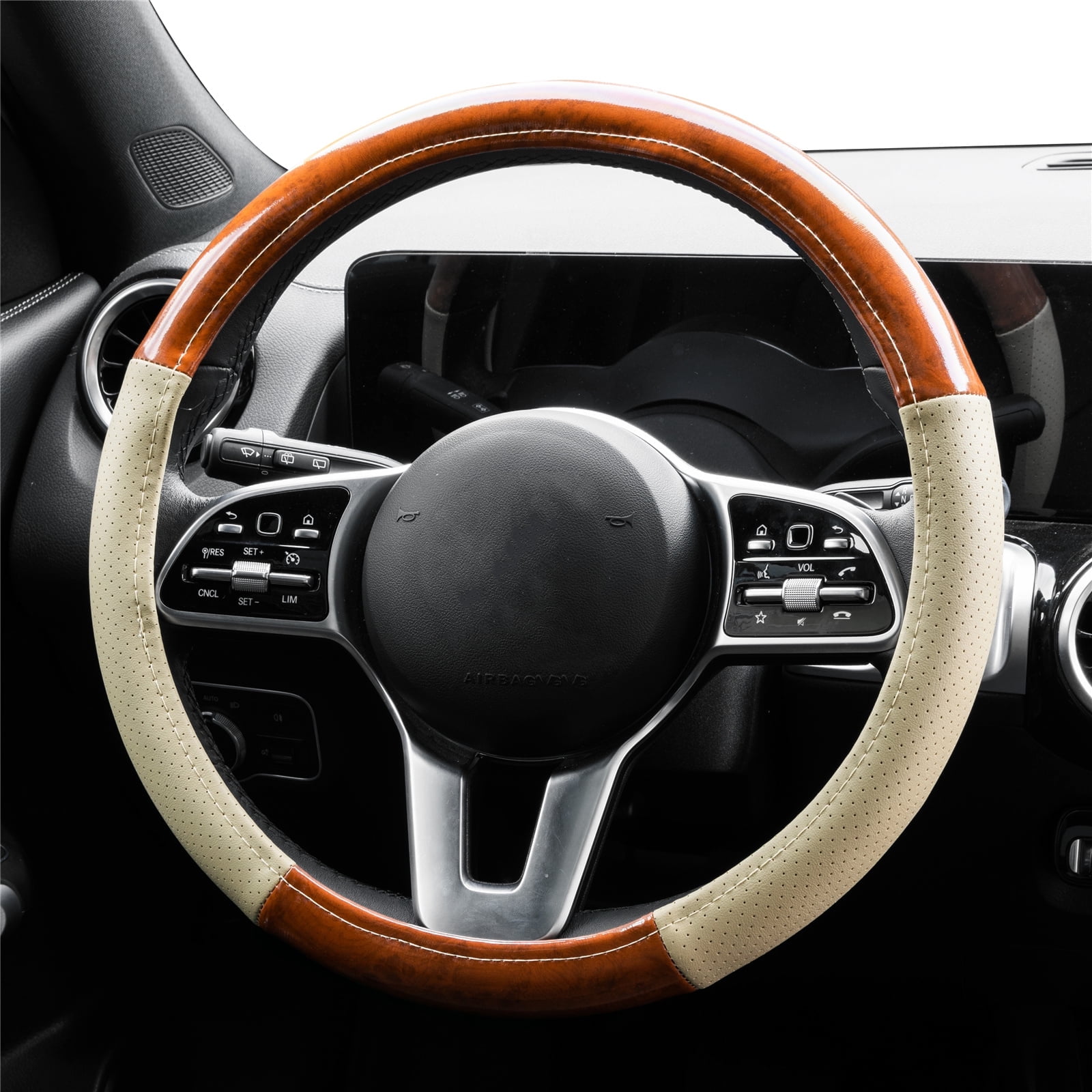BDK Beige & Black Steering Wheel Cover – Fits Vans, SUVs, And Trucks