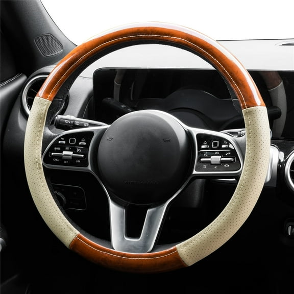 XUKEY Beige Wood Grain Car Steering Wheel Cover Breathable Leather Non-Slip 15''/38CM Universal Woman/Man