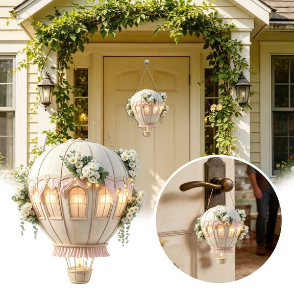 Steampunk Acrylic Suncatcher 2D Flat Hot Air Balloon Ornament with LED Flame Vintage Window Hanging Decoration for Home Garden Wedding and Patio Decor