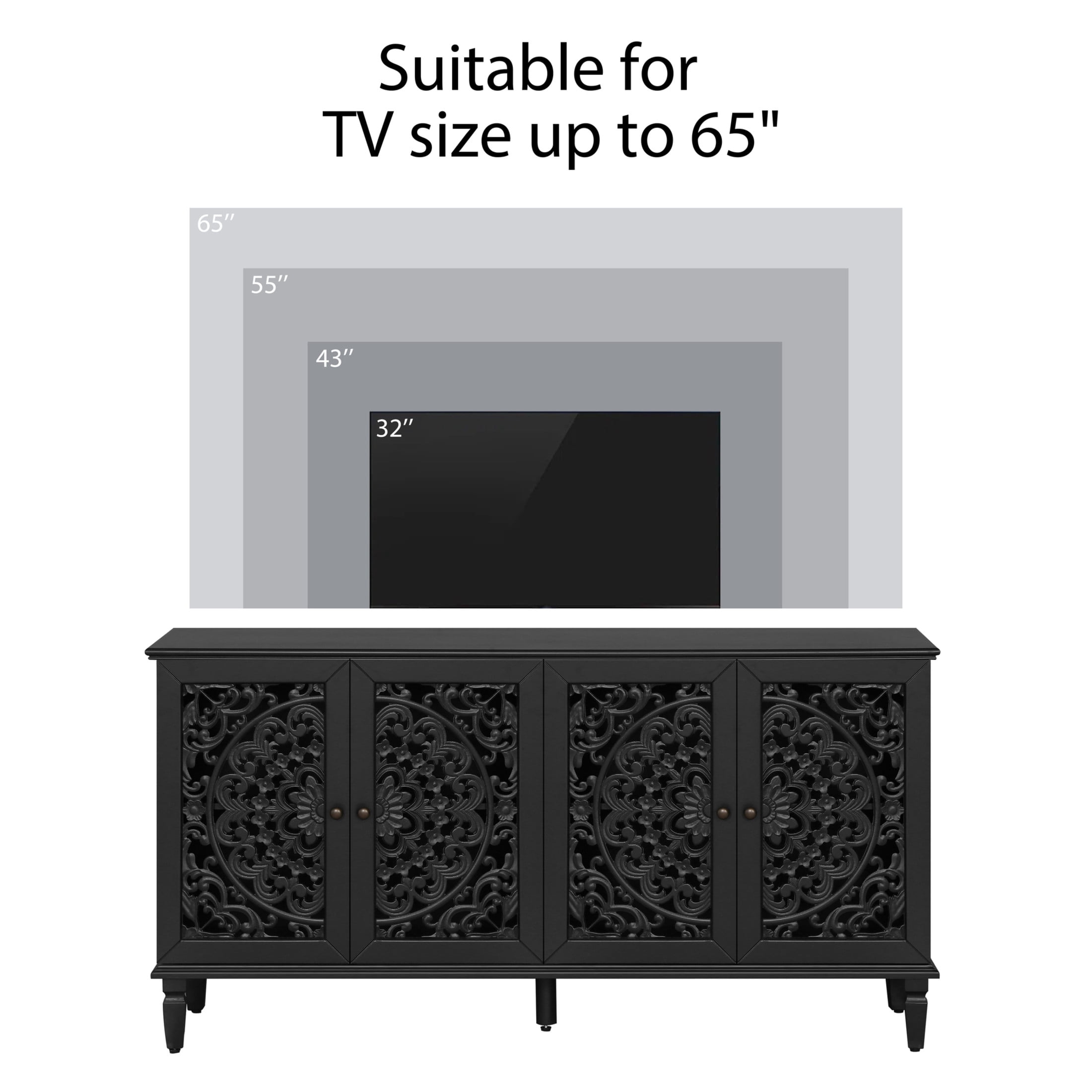 Noble House Sideboard Buffet Cabinet with Floral Carvings, Adjustable Shelves, Solid Wood Legs, and Brass Handles, Vintage Style Storage, Black