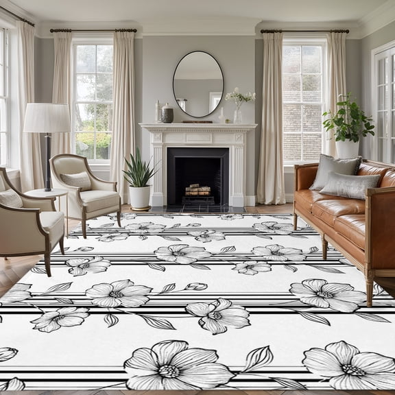 Black Spring Floral 5'x7' Area Rug, Elegant Pastoral Flowers Abstract Art Washable Non-Slip Soft Rugs, Low-Pile Large Carpet for Living Room Bedroom Dining Room, Non-Shedding Accent Rug