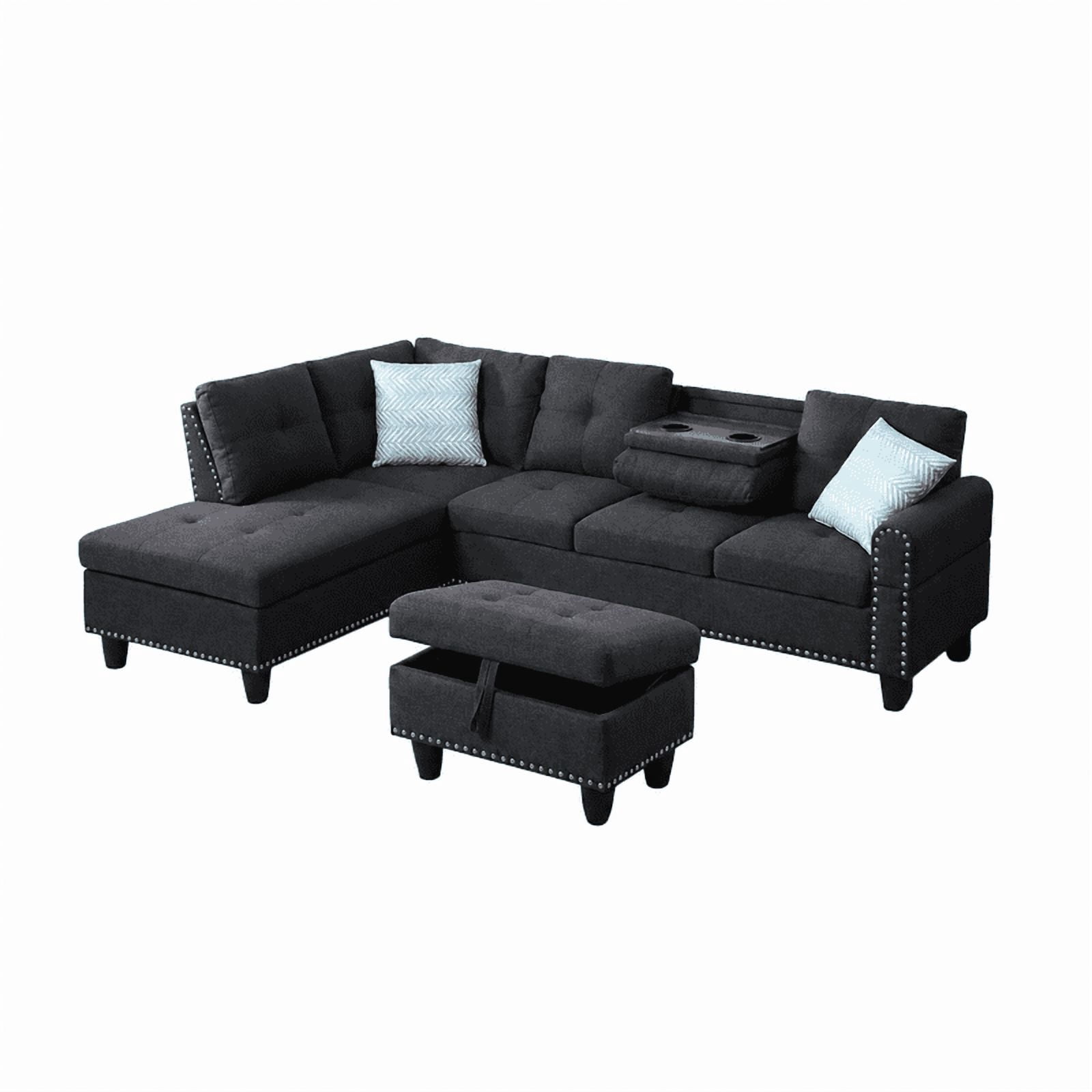 98" L-Shaped Sectional Sofa with Storage Ottoman, 4-Seat Linen Upholstered Modular Couch with Left Chaise, Drop-Down Backrest with Cup Holders, Nailhead Trim, 3-Piece Sofa Set for Living Room, Office