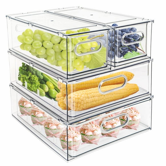 MineSign 4 pack Stackable Refrigerator Organizer Bins Pull-Out Drawers for Fruit and Veggies Storage Organizer for Fridge Clear Drawer Containers with Handle Divided Organization for Pr