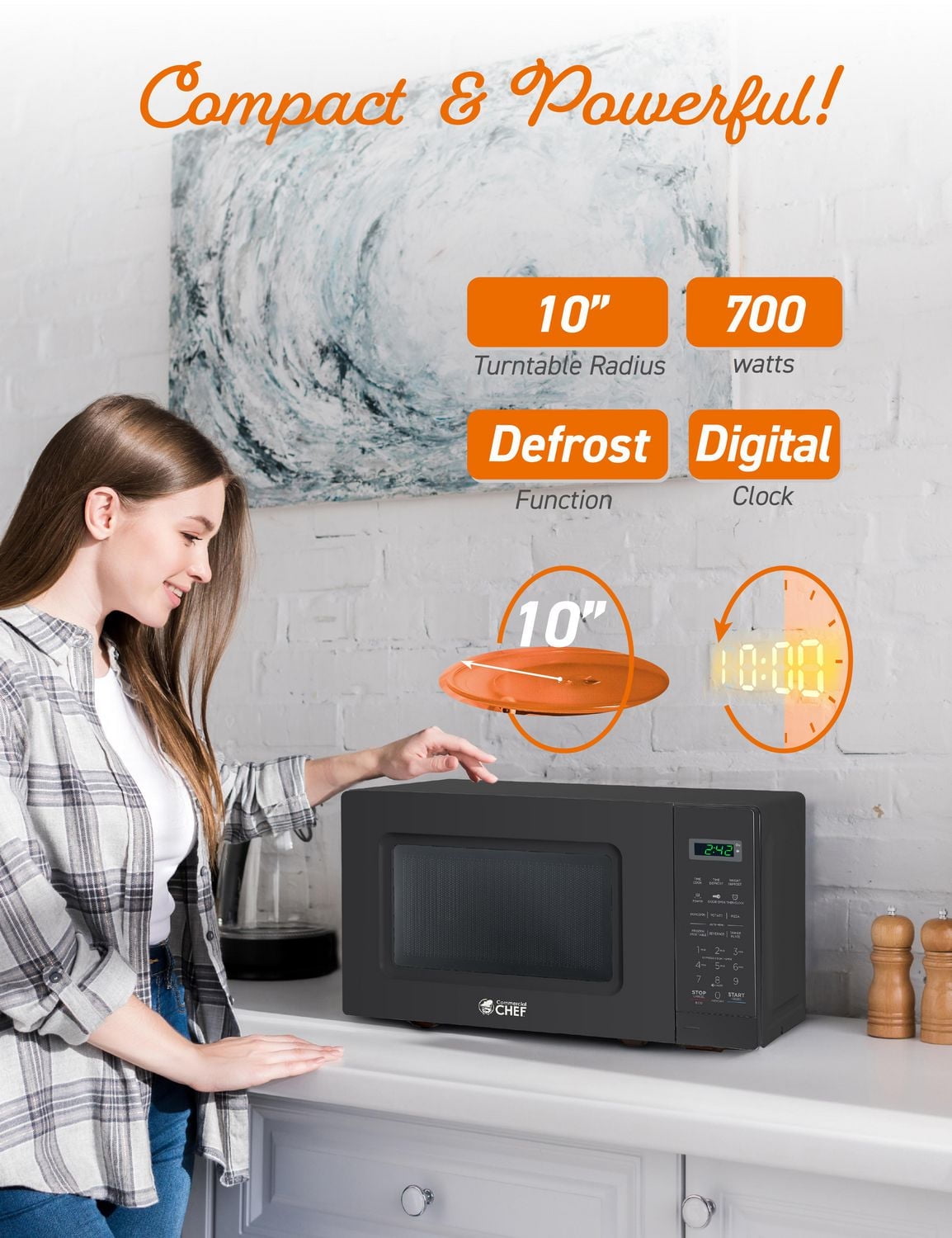 Commercial Chef 0.7 Cu Ft Microwave with 10 Power Levels, 700W Microwave with Digital Display, Countertop Microwave