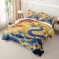 thumbnail image 3 of Feelyou Retro Chinese Dragon Twin Quilt Set for Boys Teens, Ukiyo Wave Blossom Twin Coverlet Set, Gold Blue Red, 2-Piece, 3 of 7