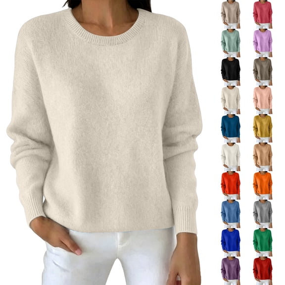 Sevevn Women's Knit Sweater Long Sleeve Crewneck Pullover Soft Lightweight Casual Loose Fit Ribbed Cuff Classic Knit Top for Daily Wear Work Office Travel Vacation Fall Winter Beige XL