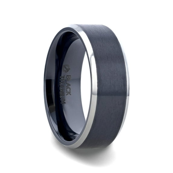Thorsten Atnos | Titanium Rings for Men | Lightweight Titanium | Comfort Fit | Brushed Black Center Polished Beveled Edges Men’s Titanium Wedding Ring With Polished Beveled Edges - 8 mm