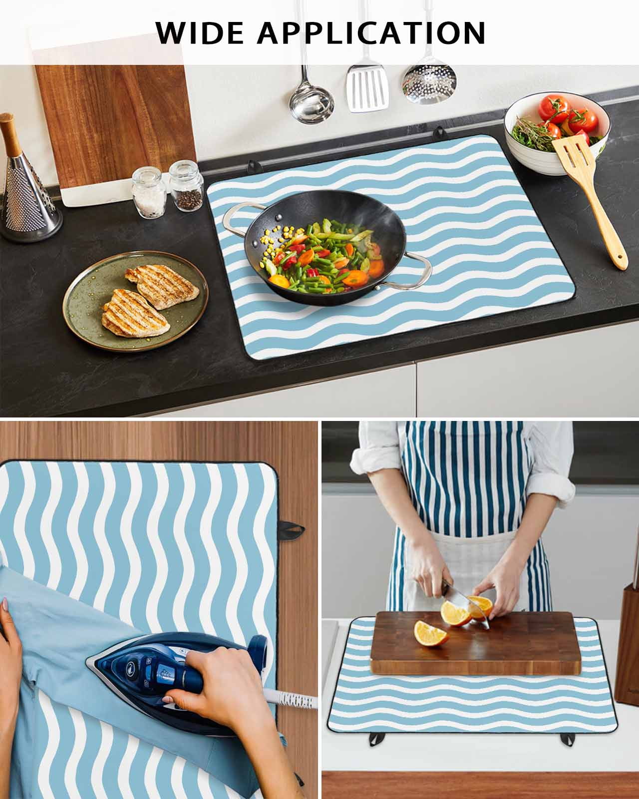nqOlkjepod Large Induction Cooktop Protector Mat 24"x21", Blue White Stove Top Covers for Electric Stove, Modern Abstract Waves Water Ripple Striped Stove Burner Cover Mats, Glass Top Stove Cover