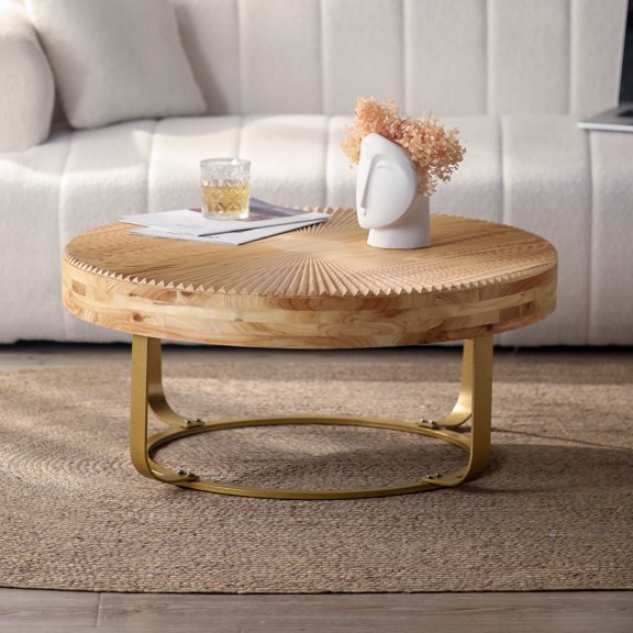 Modern Round Coffee Table, Wooden Carving Pattern Coffee Table with Metal Legs, End Table for Living Room, Reception Moom, Office, Natural Gold